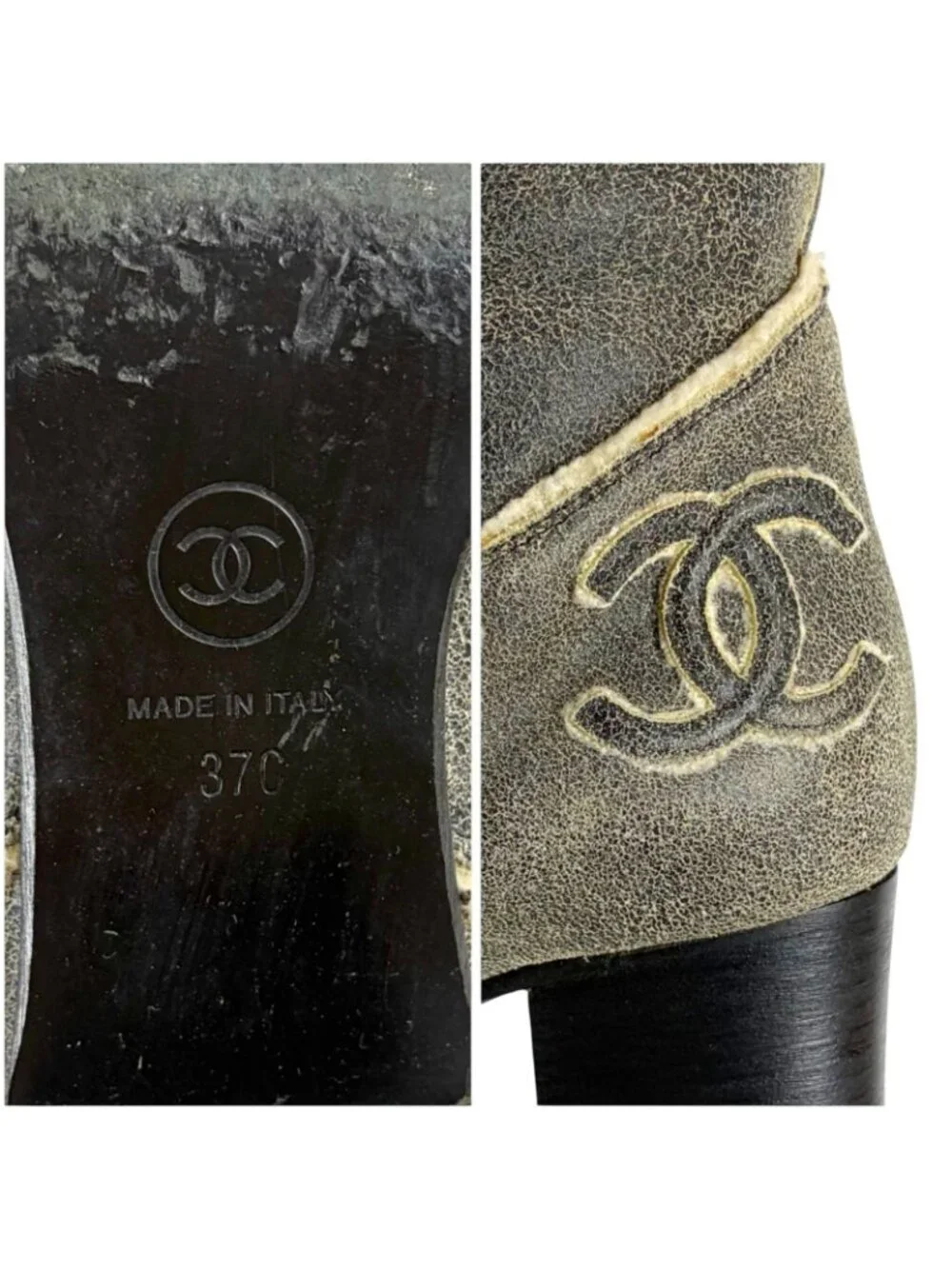 Chanel One Point CC Logo Shearling Long Boots Knee Length Gray 37c
